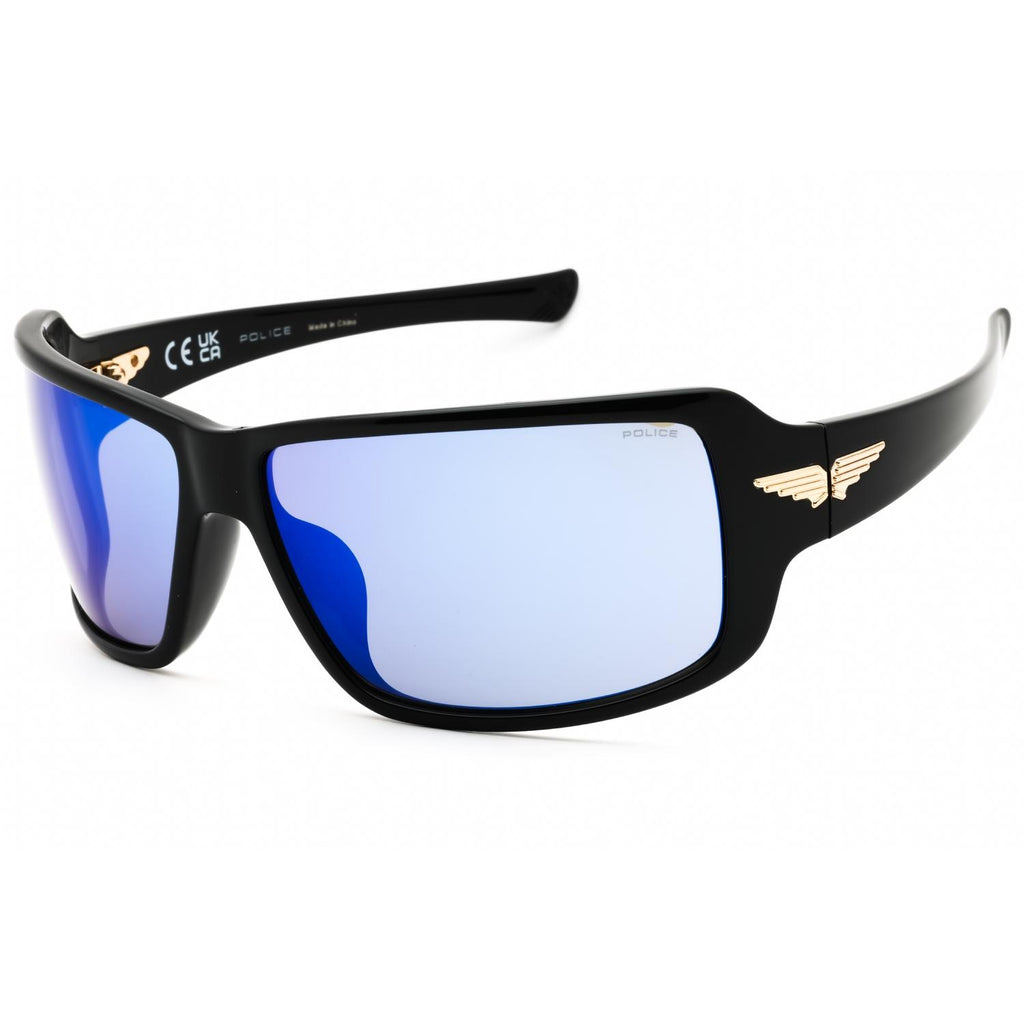 Police SPLN37 Men's Rectangular Sunglasses Shiny Black Smoke Blue Mirror