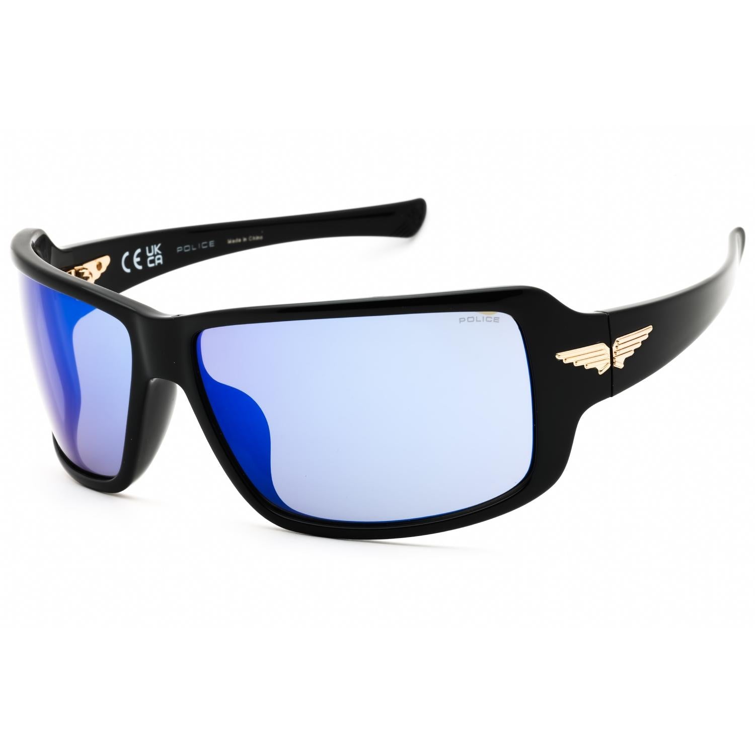 Police SPLN37 Men's Rectangular Sunglasses Shiny Black Smoke Blue Mirror
