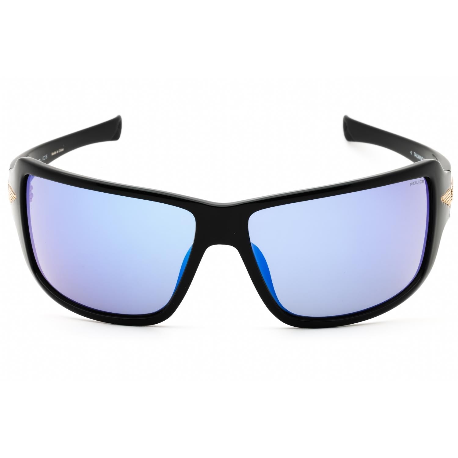Police SPLN37 Men's Rectangular Sunglasses Shiny Black Smoke Blue Mirror